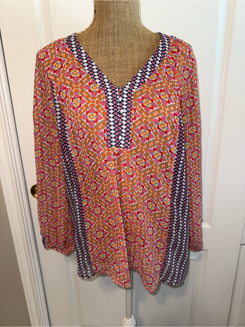 Zac & Rachel Pink and Orange Geometric V-Neck Tunic with Navy Trim